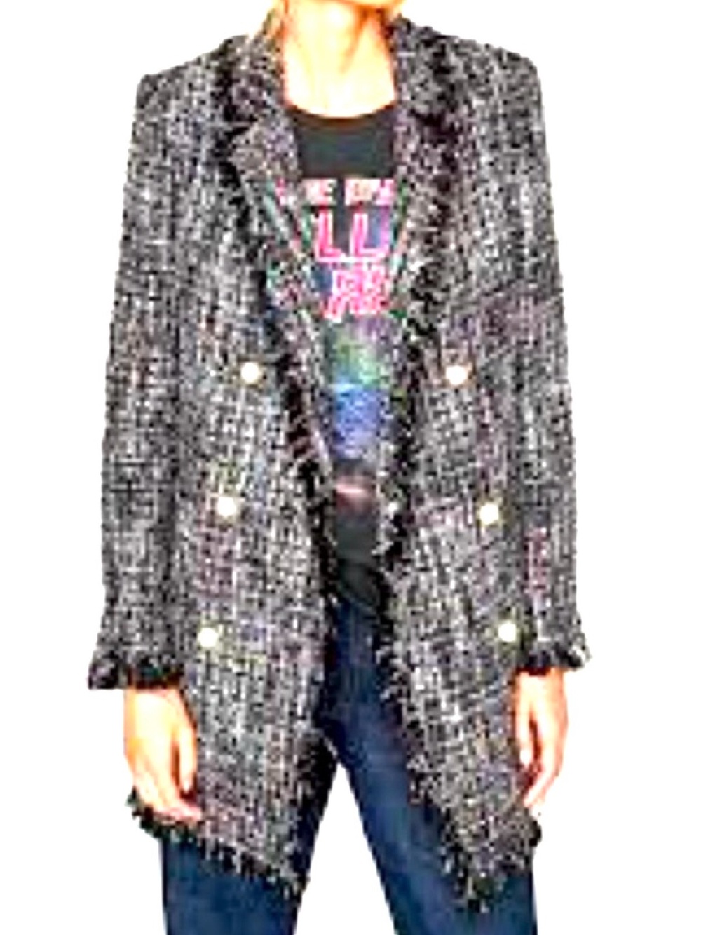 ZARA Tweed Glitter Thread Multi Boucle Pearl Button Blazer Jacket Size M
